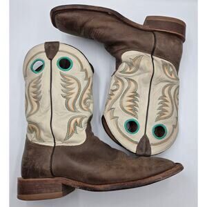Justin Mens Western Boots 10D Brown Cowhide Double Stitched Wide Square Toe